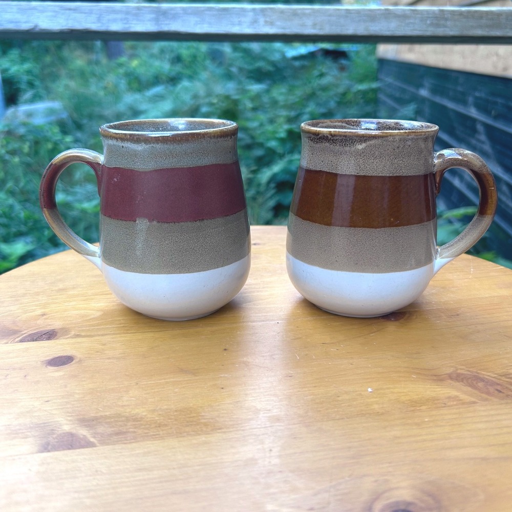 Vintage Striped Stoneware Mug Pair Ceramic Coffee Cup Set Brown Burgundy MCM